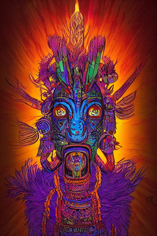 Image similar to totem animal tribal chaman vodoo mask feather gemstone plant wood rock video game illustration vivid color borderlands by josan gonzales and dan mumford radiating a glowing aura global illumination ray tracing