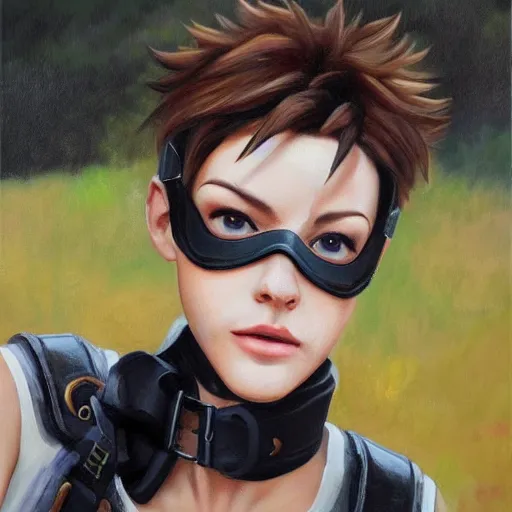 Image similar to oil painting of tracer overwatch in a field wearing very large black leather belt choker collar around neck, in style of mark arian, expressive face, very detailed face, very detailed eyes, belt around neck, full body, feminine face, tracer overwatch,