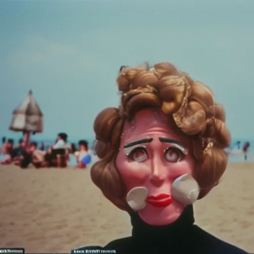 Image similar to middle aged woman with an inflatable head on top of her head, wearing a dress, at the seaside, 1976 French film, archival footage, technicolor film expired film live-action, 16mm