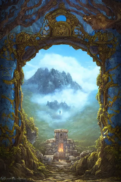 Image similar to A giant medieval fantasy blue energy portal gate with a rusty gold carved lion face at the center of it, the portal takes you to another world, full of colorful flowers on the lost Vibes and mountains in the background, spring, delicate fog, sea breeze rises in the air, by andreas rocha and john howe, and Martin Johnson Heade, featured on artstation, featured on behance, golden ratio, ultrawide angle, f32, well composed, rule of thirds, center spotlight, low angle view