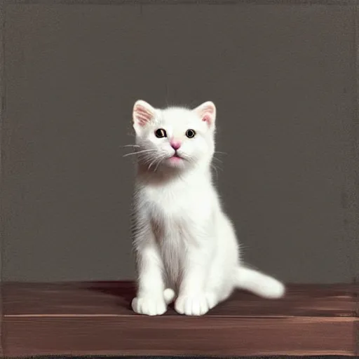 Prompt: Portraits of a little white kitty sitting on a table, Graceful body structure,cute,Symmetrical face,highly detailed,elegant