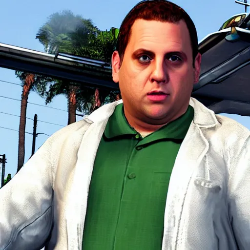 Prompt: jonah hill as a gta v character, wide shot