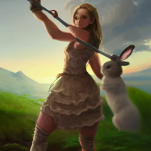 Prompt: digital art of a girl holding a sword fighting a bunny, detailed, beautiful scenery, detailed