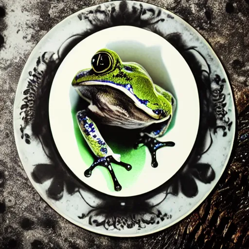 Image similar to frog hovering over a plate with black milk, polaroid photography in style of andrey tarkovski, paranormal, spiritual, mystical, sublime