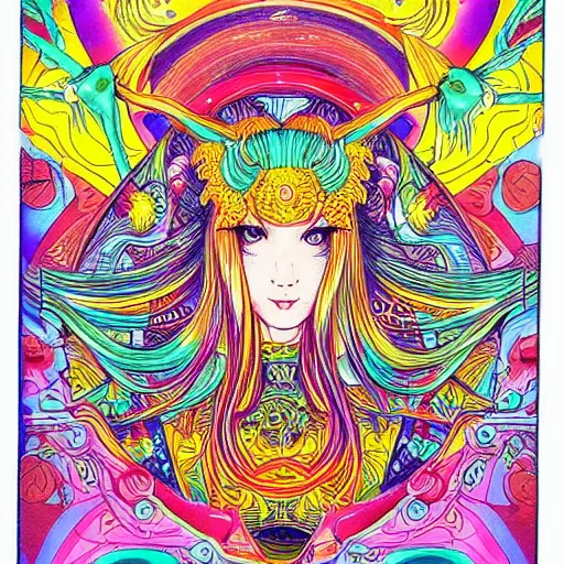 Image similar to hatsune miki, intricate, amazing line work, cosmic, psychedelic, cheerful, colorful, tarot cards, the devil tarot card