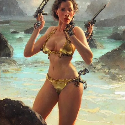 Image similar to highly detailed portrait of a female james bond, d & d. wearing a bikini, art by donato giancola, eugene delacroix, ruan jia, carl larsson, peter mohrbacher. trending on artstation, intricate details, energetic composition, golden ratio, concept art, illustration, elegant art, global illuminaition