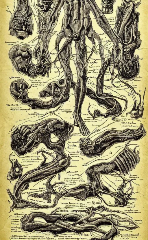 Image similar to hyper detailed antique occult instructions, eldritch, anatomy, pagan god