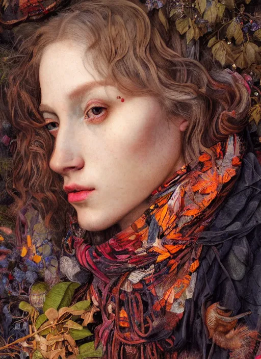 Prompt: portrait of a beautiful woman in in a forrest at night, wearing a scarf with colourful intricate psychodelic patterns, by edgar maxence and caravaggio and michael whelan and delacroix style, artistic, intricate drawing, light brazen, realistic fantasy, extremely detailed and beautiful aesthetic face, establishing shot, 8 k resolution, dramatic lighting