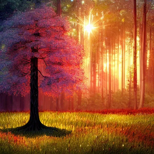 Image similar to a very detailed, highly rendered, highly photorealistic, spectacular, lively, warm tree standing in a thickly vegetated forest in a fantasy world, realistic, high definition, dreamlike light incidenc, holy light shining on it, during a colorful sunraise, award winning picture, trippy