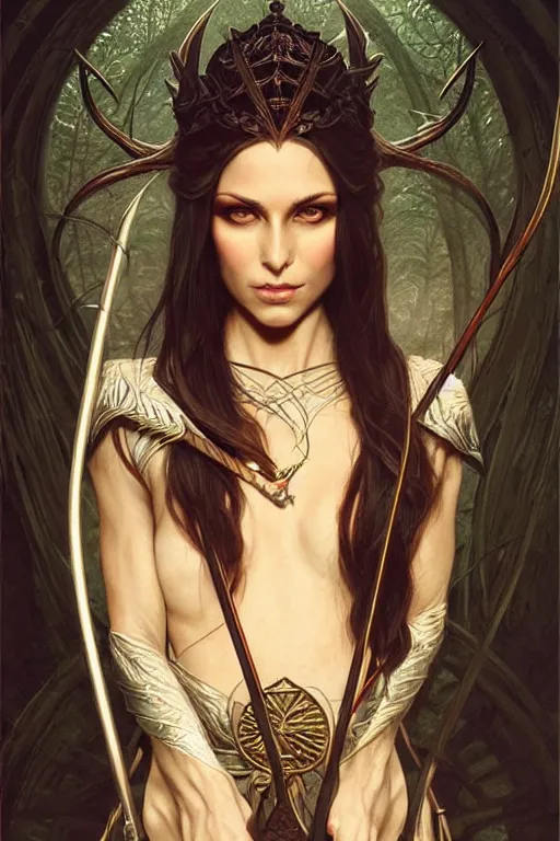 Image similar to portrait of a queen elven archer, dark, piercing eyes, gentle expression, elegant clothing, photorealistic, highly detailed, artstation, smooth, sharp focus, art by michael whelan, artgerm, greg rutkowski and alphonse mucha