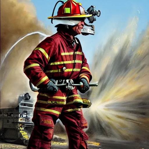 Image similar to fireman man strikes again, concept art by James Gurney.