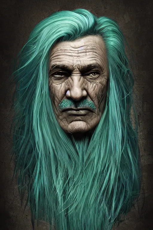 Image similar to portrait of a old man with cracked manatee skin. dark blue-green hair, shaved, dark flower pattern wallpaper background, high detail, by Eddie Mendoza