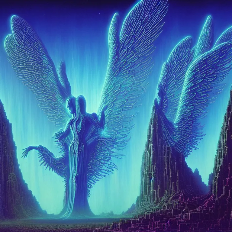 Image similar to mysterious glowing angels over epic dark ancient city, infinite fractal tesseract, quantum waves, synthwave, bright neon colors, highly detailed, cinematic, tim white, vladimir kush, philippe druillet, roger dean, bob eggleton, michael whelan, boris vallejo, alfred kelsner, kubrick