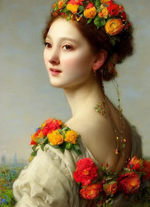 Prompt: A beautiful portrait of a floral queen, frontal, digital art by Eugene de Blaas and Ross Tran, vibrant color scheme, highly detailed, in the style of romanticism