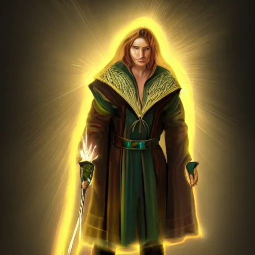 Image similar to a male wizard, glowing, frontal view, cool looking, high resolution, photoshop