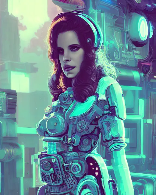 Image similar to portrait of lana del rey as a cyberpunk cyborg. roses, sci - fi, missing panels, intricate abstract, upper body, intricate artwork, by tooth wu, wlop, beeple, dan mumford. concept art, 8 k octane render, deviantart, greg rutkowski, cinematic, key art, hyperrealism, iridescent accents