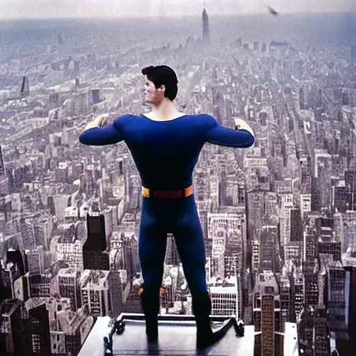 Image similar to superman from back sitting on chair standing on top of the empire state building strong stance photo by annie leibovitz