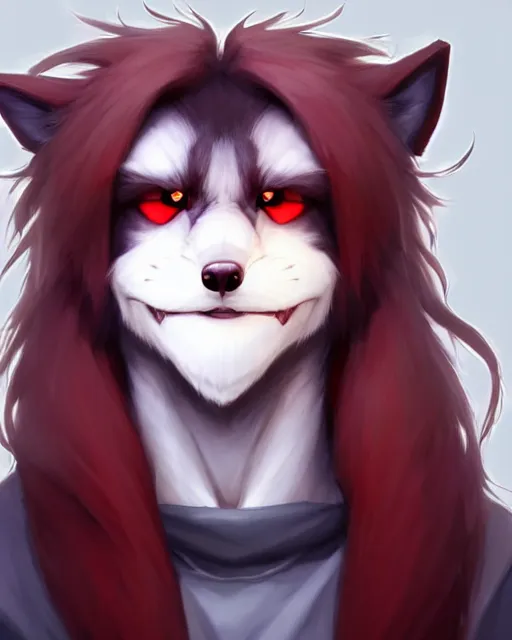 Image similar to character concept art of a dark grey anthropomorphic furry male wolf with long red hair | | cute - fine - face, pretty face, key visual, realistic shaded perfect face, fine details by stanley artgerm lau, wlop, rossdraws, james jean, andrei riabovitchev, marc simonetti, and sakimichan, artstation
