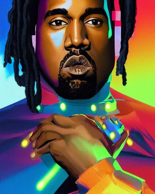 Image similar to kanye west as future coder man looking on, sleek cyclops display over eyes and sleek bright headphoneset, neon accent lights, holographic colors, desaturated headshot portrait digital painting by dean cornwall, rhads, john berkey, tom whalen, alex grey, alphonse mucha, donoto giancola, astronaut cyberpunk electric