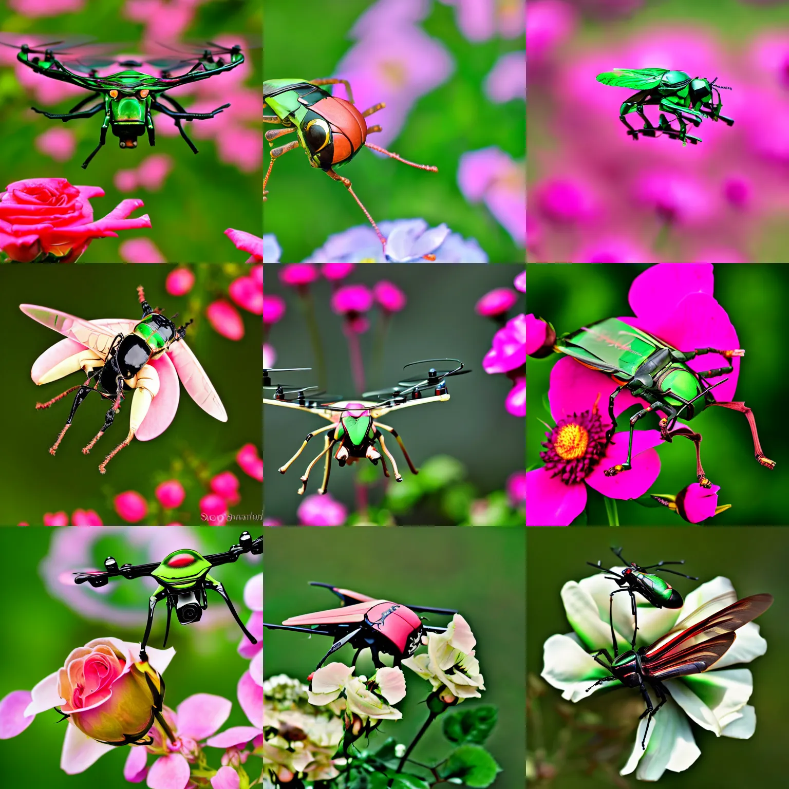 Prompt: rose chafer with quadcopter drone wings creating turbulence above rose flowers black background