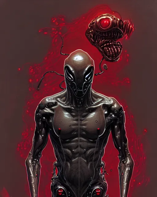 Prompt: highly detailed drawing of mr bean venom cyborg symbiote, by atey ghailan, by greg rutkowski, by greg tocchini, by james gilleard, by joe fenton, by kaethe butcher, red, black, crimson and grey color scheme