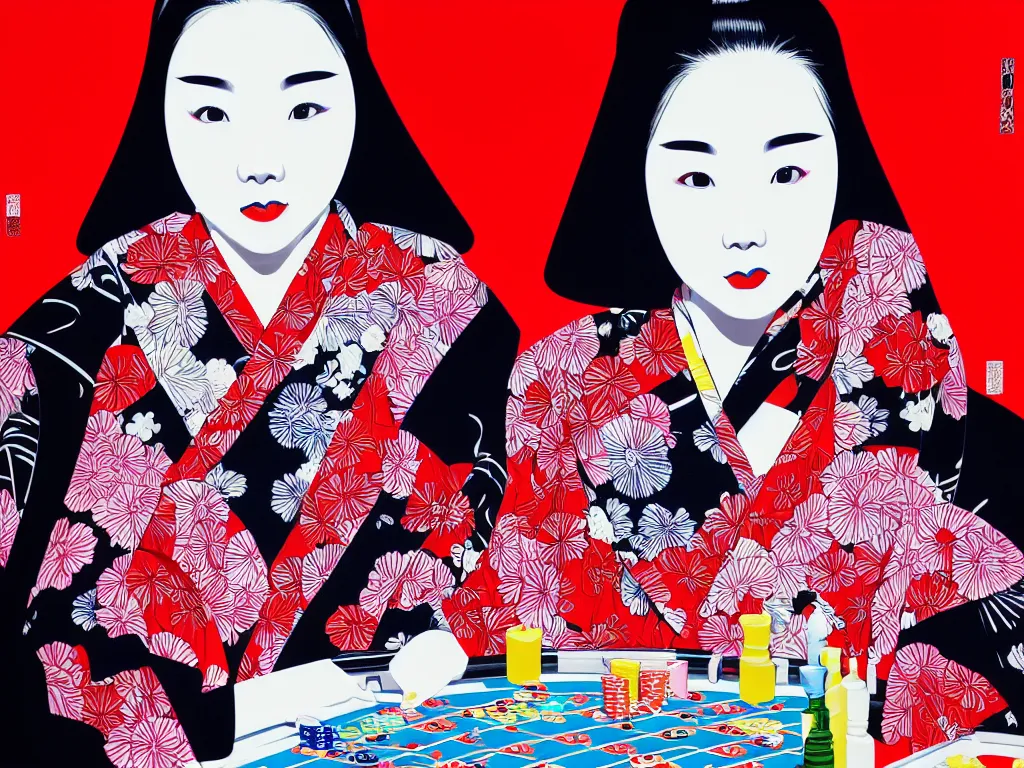 Image similar to hyperrealistic composition of the detailed woman in a japanese kimono sitting at a extremely detailed poker table with detailed darth vader, fireworks, mount fuji on the background, pop - art style, jacky tsai style, andy warhol style, acrylic on canvas