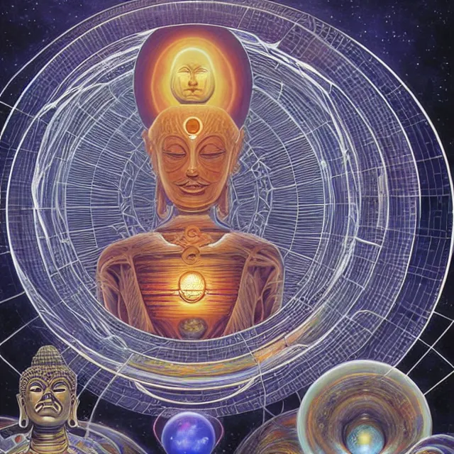 Prompt: a solar system rotating around a biomechanical buddha head, volumetric lighting, volumetric shadows, symmetrical, intricate details, concept art, realistic oil painting by alex grey,