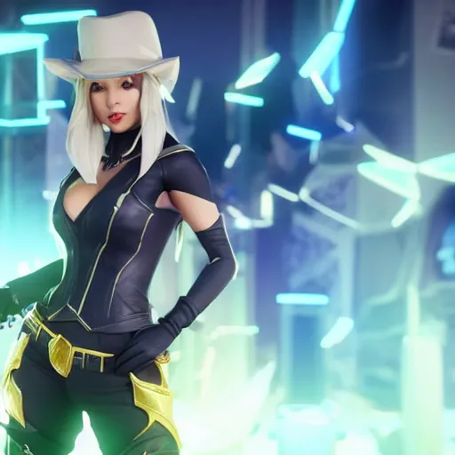 Image similar to still of pretty Ashe (League of Legends) in KDA More music video. 3d render, octane render, game art, realistic, highly detailed, trending on artstation, 4k, trending on artstation, pixar, cgsociety, unreal engine 5, redshift render, trending on artstation, blender, behance, cg