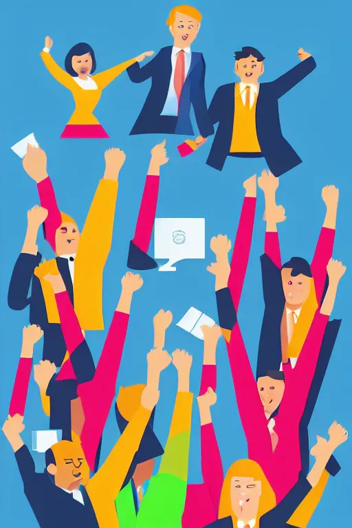 Prompt: corporate Vector illustration of business people jubilant at winning a prize, colourful, high detail, broadband.