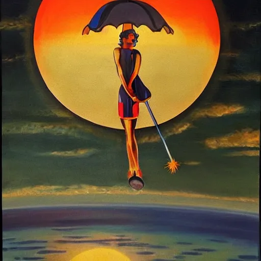 Image similar to giant umbrella in space is blocking the sun, seen from earth, art deco painting