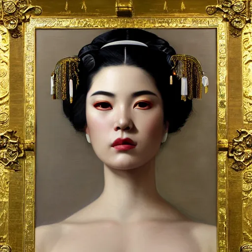 Prompt: highly detailed oil painting | very intricate | cinematic lighting | award - winning | the chicano geisha in an exquisite kimono | by roberto ferri, by tom bagshaw, by j. c. leyendecker and klimt, beautiful cinematic light, american romanticism, by austin osman spare, artstation, cgsociety, official art, octane