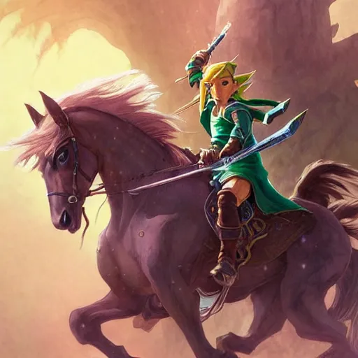 Image similar to Link from Ocarina of Time, riding a majestic horse through The lost woods of Hyrule, D&D, fantasy, intricate, elegant, highly detailed, digital painting, artstation, concept art, matte, sharp focus, illustration, art by Artgerm and Greg Rutkowski and Alphonse Mucha