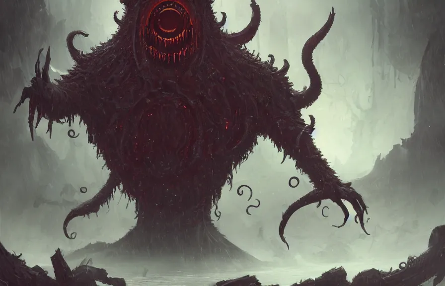 Prompt: sinister monster with one giant eye, eldritch horror, character art by Greg Rutkowski, 4k digital render