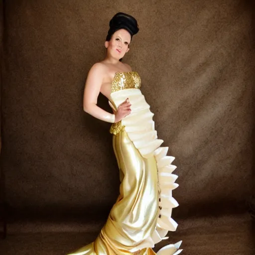 Prompt: Dress photo shoot, full body, wide-shot, head to toe, Ivory carving, gold, glitter, bizarre fashion design,