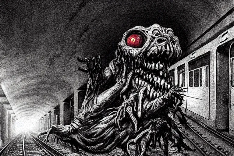 Image similar to very large giant mutant zombie irradiated ( angry rat ) staying on railways in tonnel of moscow subway. tonnel, railways, giant angry rat, furr, fangs, claws, very realistic. fog, extreme long shot, herman nitsch, giger.