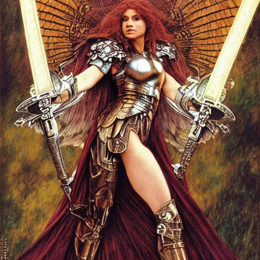 Prompt: half length portrait of a winged, armored female valkyrie with a flaming sword, d & d, fantasy, luis royo, magali villeneuve, donato giancola, wlop, krenz cushart, hans zatka, klimt, alphonse mucha