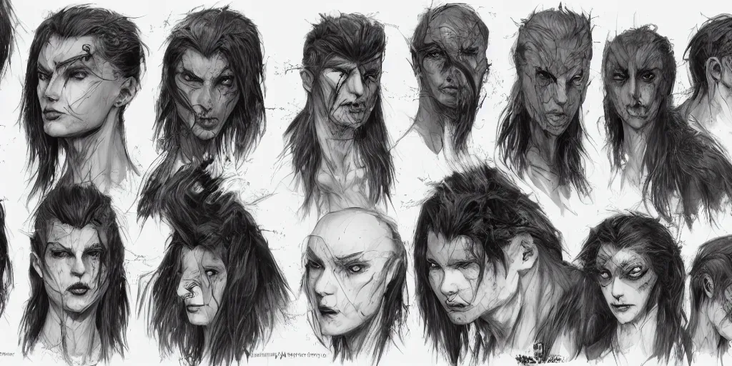 Prompt: gothic character head detail designs, Milo Manara, Greg Rutkowski, character sheet, Darek Zabrocki, Karlkka, Jayison Devadas, Phuoc Quan, trending on Artstation, 8K, ultra wide angle, pincushion lens effect