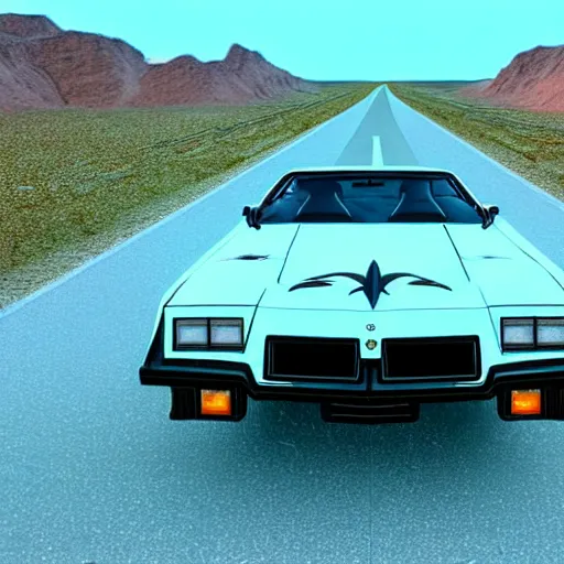 Image similar to Hyperdetailed, photorealistic photograph of a 1982 Pontiac Firebird Trans-Am driving in the desert, rain, night, dense fog, HD, unreal engine 5