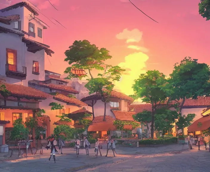 Image similar to A Spanish plaza in a small village at sunset, peaceful and serene, incredible perspective, soft lighting, anime scenery by Makoto Shinkai and studio ghibli, very detailed