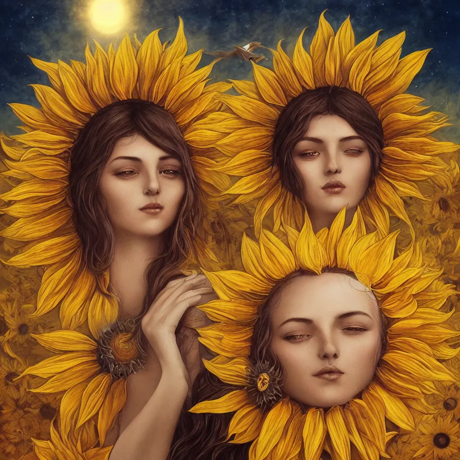 Image similar to The goddess of sunflower wearing an helianthus golden crown and presiding over the rays of the sun, by Anato Finnstark, Tom Bagshaw, Brom