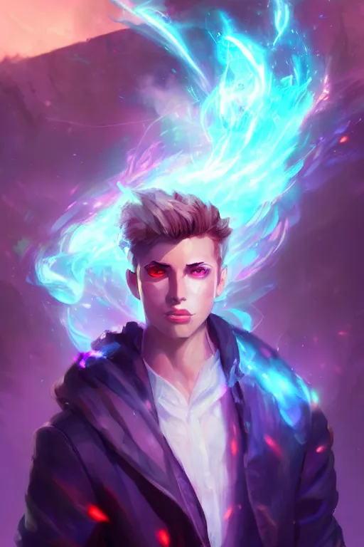 Image similar to a human elemental sorcerer, blurred environment background, colorful magic effects, white skin, portrait, male, clothed, sharp focus, digital art, concept art, trending on artstation, dynamic lighting, by emylie boivin and rossdraws