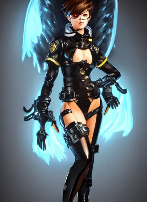 Image similar to full body artwork of tracer overwatch, wearing black latex outfit, in style of mark arian, angel wings, dramatic painting, wearing detailed leather collar, black shiny armor, chains, black harness, detailed face and eyes,