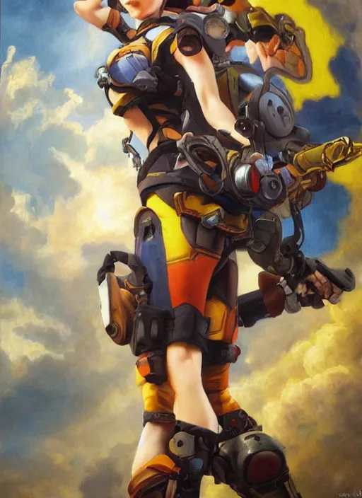 Image similar to oil painting of tracer overwatch in the style of sophie anderson, flying, angel wings,