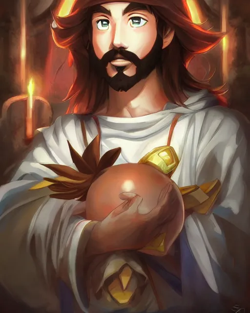 Prompt: an anime portrait of jesus christ in the world of super mario, by stanley artgerm lau, wlop, rossdraws, james jean, andrei riabovitchev, marc simonetti, and sakimichan, trending on artstation