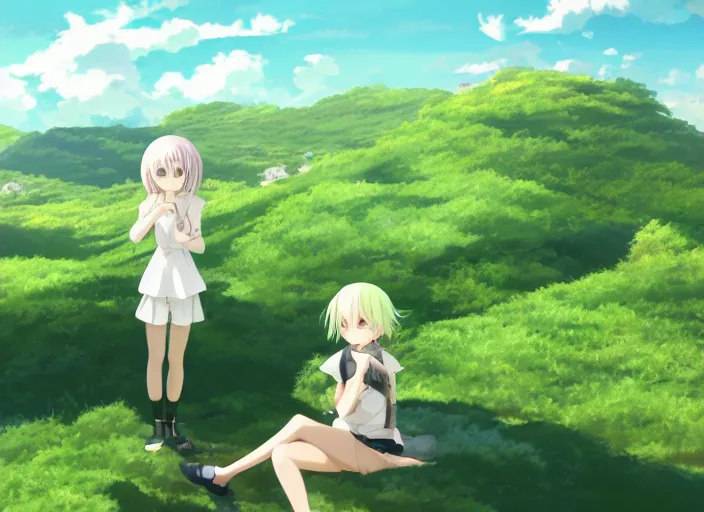 Image similar to illustration of a wide shot green hills with clouds in the background, cute anime girl with platinum blonde hair and big eyes close to foreground, anime key visual, official media, illustrated by wlop, extremely detailed, 8 k, trending on pixiv, cinematic lighting, beautiful