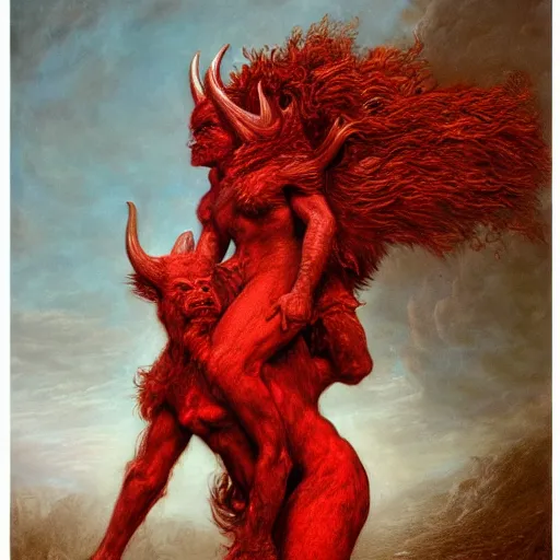 Image similar to a photographic portrait of a scarlet - colored beast with seven ( 7 ) heads and ten ( 1 0 ) horns by gustave dore and stephen hickman and allen williams, trending on artstation, cgsociety, 4 k hd, earthtone colors, a woman riding the back of the beast