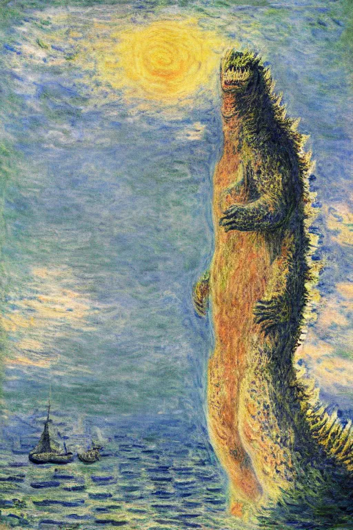 Prompt: shinzo abe with body of Godzilla painting by claude monet