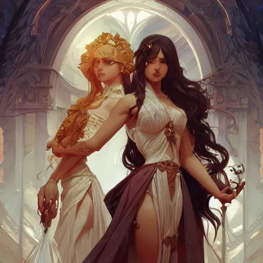 Prompt: two beautiful identical barbarians, intricate, elegant, highly detailed, digital painting, artstation, concept art, smooth, sharp focus, illustration, art by artgerm and greg rutkowski and alphonse mucha, clean detailed anime style