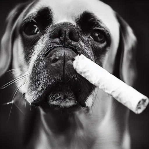 Image similar to a high detail closeup photograph of a dog smoking a cigarrette🚬, award wining photograph