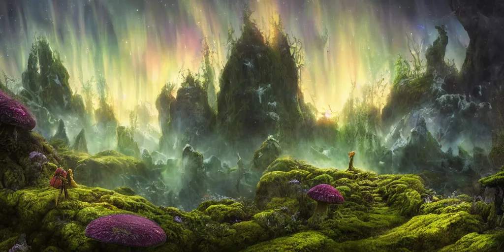 Image similar to fairyland scenery landscape, lord of the rings, aurora borealis, mist, monoliths, flowers, mushroom structures, moss highly detailed, vivid color, perfect lighting, perfect composition, 8 k, brian froud, artgerm, derek zabrocki, greg rutkowski